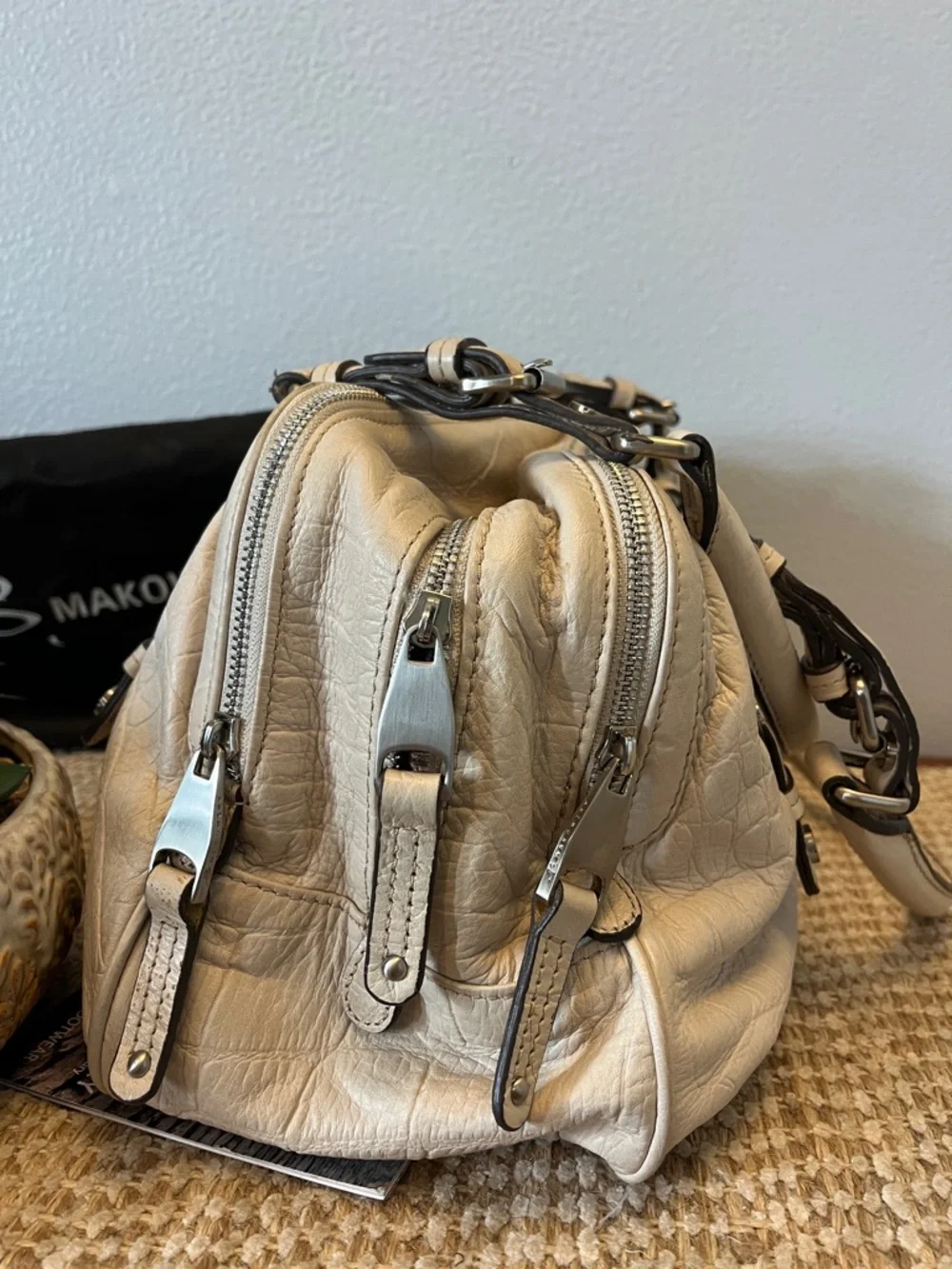 b. makowsky Cream Pebbled Leather Satchel